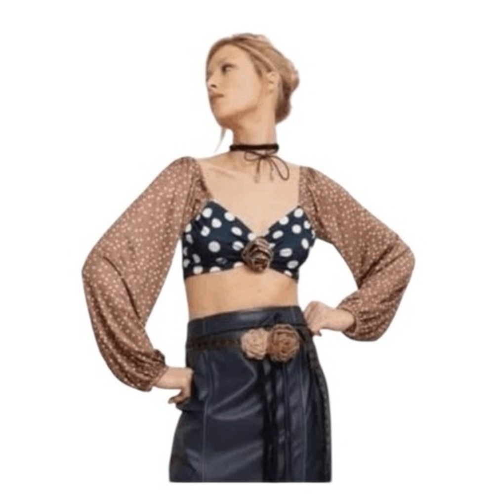 Saks Potts Sophie‎ Crop Polka Dot Blouse Black White Brown XS